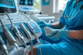 Podiatry specialist in blue scrubs preparing medical equipment for a procedure