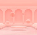 3d rendering floating podium and water drops above clear water pond. Minimal quartz rose color scheme with arches in the backgroun