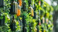 A podium adorned with recycled bottles and cans creatively transformed into a wall of cascading greenery. A compelling