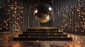 The podium is adorned with sparkling gold and silver sequins reminiscent of the flashy and gl outfits from the disco era