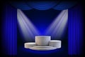 Podium on background of the blue curtain. Empty pedestal for award ceremony. Platform illuminated by spotlights. Vector