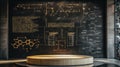 Modern podium with scientific formulas and molecular structures on dark background illuminated with warm light Royalty Free Stock Photo