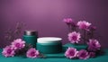 Podium and brigth purple flowers on dark teal background. Scene to show cosmetic products. Mock up Royalty Free Stock Photo