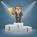 Podium businessman hold prize win award in hand light stage ceremony illuminated 3d cartoon design vector illustration