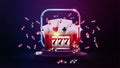 Podium with casino red slot machine, poker chips, playing cards and gradient neon square frame in dark empty scene Royalty Free Stock Photo