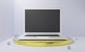 Podium with computer laptop in gray composition for modern stage display and minimalist mockup ,abstract showcase background ,