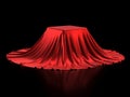 Podium covered with red fabric on black background, presentation pedestal 3d rendering