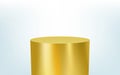 Podium 3D platform, gold steel cylinder for product stand display, vector metal shelf. Golden podium or yellow column pillar and