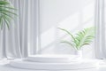 Podium 3d, Product display white podium 3d with palm leaf and tropical green botany plant in pot, generated ai Royalty Free Stock Photo