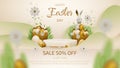 Podium and 3d realistic bunny with gold easter egg elements and flower with grass decorations