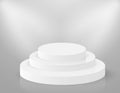 Podium 3D round stage. Circle white pedestal. Empty vector showroom platform