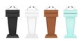 Podium for debate. Rostrum of conference. Pulpit for speech. Tribune with microphone for speaker. Glass, wooden, metal stages and Royalty Free Stock Photo