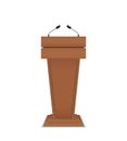 Podium for debate. Rostrum of conference. Wooden pulpit for speech. Tribune with microphone for speaker. Stage and stand. Pedestal