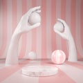 Podium display marble with white hand on rainbow pink pattern background, 3d illustration Royalty Free Stock Photo