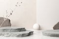 podium display product brown and gray stone marble on water. sphere with ripple advertising pond or stream zen style japan wall.