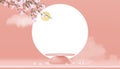 Podium Display with Spring Apple Blossom on Peach Pastel Sky background,Vector 3D Cylinder Stand with Blossoming Pink sakura