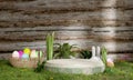 Podium with easter decorated and old wooden wall for text and element