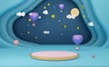 Podium empty with Hot air balloon in night sky composition valentine`s day concept ,abstract showcase background ,3d illustration Royalty Free Stock Photo