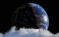 Podium floating with smoke. Realistic sunrise over earth from space. Pedestal mockup space for modern and technology. Digital futu