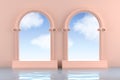 A podium in the form of arches with clean beautiful water and stairs. Blue and peach color. Illustration of a pedestal with a