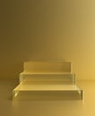 Podium on gold background, crystal glass platform stairs, 3d render. Product display stand or golden pedestal stairs and podium