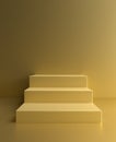 Podium on gold background, golden platform pedestal with stairs, 3d stage. Product display stand render, golden scene or stage