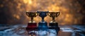 Podium with gold silver and bronze trophies for winners at event. Concept Award Ceremony, Podium Royalty Free Stock Photo