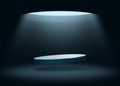 A podium illuminated by a beam of light in the dark from a hole above. Free space for your product. Vector.