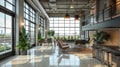 This podium image features a sleek modern loft space with floortoceiling windows and a mix of metal and wood accents