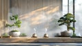 The podium is lined with lush bonsai trees and adorned with delicate incense burners creating a calming sensory