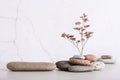 A podium made of smooth sea stone and a dried flower from a pile of stones on the table