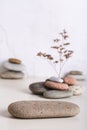 A podium made of smooth sea stone and a dried flower from a pile of stones vertical view Royalty Free Stock Photo