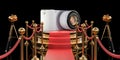 Podium with mirrorless interchangeable-lens camera, 3D rendering