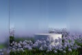 Podium on natural flower field with frosted glass 3D render illustration