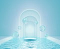 3d rendering floating podium and water drops above ocean with the arch background. Minimal light blue color scheme. Moisturizer co Royalty Free Stock Photo