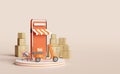 Podium and orange mobile phone or smartphone with store front,scooter,goods box,shopping cart isolated on pink background.Online