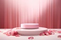 A podium, pedestal, a stage for advertising cosmetic products. Spring pink catwalk, sakura flowers, petals.