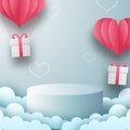 Podium product display Valentine`s day greeting card banner with heart shape balloon. Paper cut style vector illustration Royalty Free Stock Photo