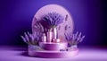 podium for product presentation, adorned with lavender flowers, violet background