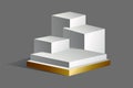Podium realistic. Showroom pedestal, floor stage platform vector isolated mockup. White and gold 3D realistic square