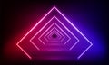 Podium, road, pedestal, platform in form rhombus with neon luminous rays on blue red background. Stage with scenic lights. Royalty Free Stock Photo