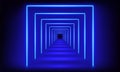 Podium, road, pedestal, platform in form square with neon luminous rays on blue background. Stage with scenic lights. Abstract 3D