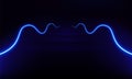 Podium, road, pedestal, platform in form wave with neon luminous rays on blue background. Stage with scenic lights. Abstract 3D