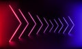 Podium, road, pedestal or platform with neon luminous arrows on blue and pink background. 3d render. Abstract panoramic neon ray