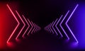 Podium, road, pedestal or platform with neon luminous rays on blue and pink background. Stage with scenic lights. Abstract neon Royalty Free Stock Photo