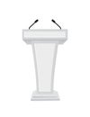 Podium rostrum with microphone for debate, speech, press conference, dispute, audience. Podium tribune with empty place for