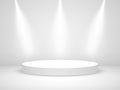 Podium round with light. White realistic stage with spotlights. illuminated circle with shadow. White 3d pedestal or