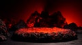 Podium in a volcanic environment with red flowing lava for product presentation and advertising