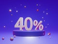 The podium shows up to 40% off discount concept banners, promotional sales, and super shopping offer banners. 3D rendering