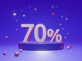 The podium shows up to 70% off discount concept banners, promotional sales, and super shopping offer banners. 3D rendering